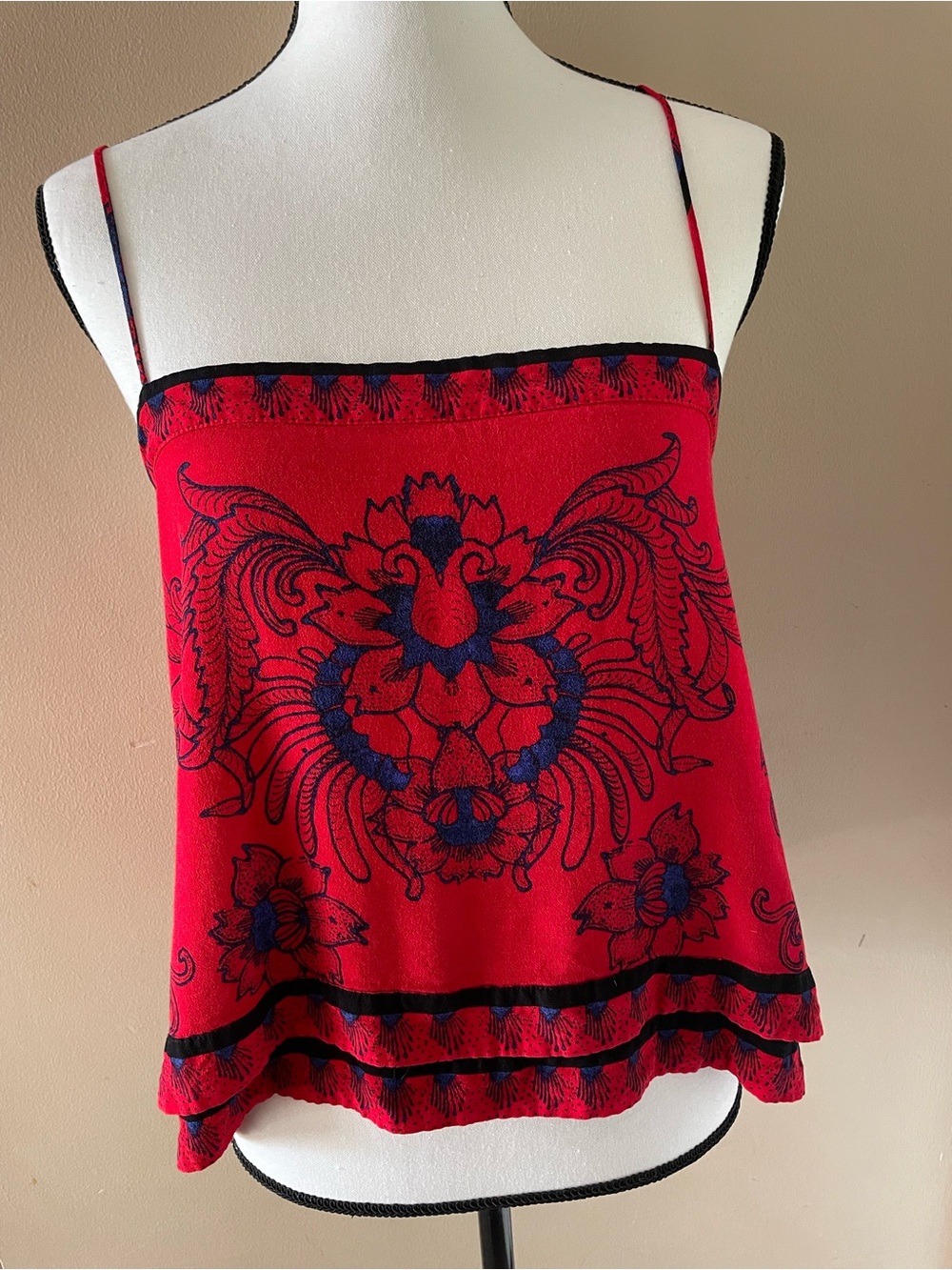 Free People Red Floral Print Spaghetti Strap Tank Top